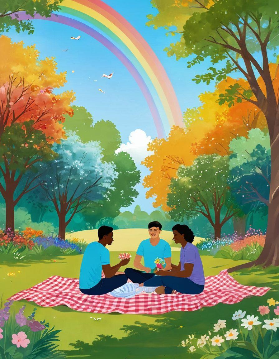 A vibrant scene depicting two diverse same-sex couples enjoying a romantic picnic in a picturesque park, surrounded by blooming flowers and greenery, displaying affection and connection. The background features a rainbow flag subtly waving in the breeze, symbolizing pride and inclusivity. Add soft sunlight filtering through the trees to create a warm atmosphere. colorful illustration. bright colors. soft focus.