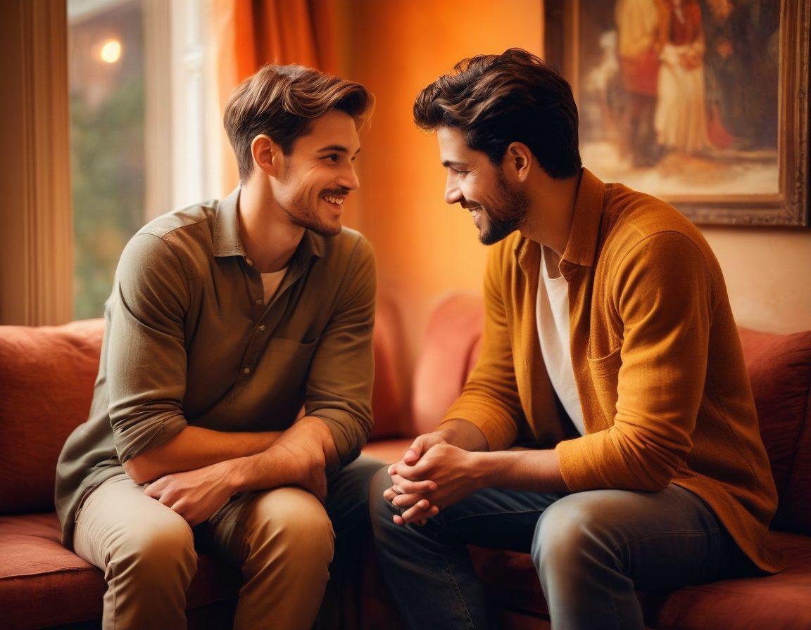 A captivating scene of two men engaged in deep conversation, surrounded by a cozy atmosphere filled with soft lighting and warm colors. The background features art depicting friendship and love, symbolizing the transition from friendship to romance. Emphasize a sense of intimacy and connection with subtle gestures, such as a hand on a knee or shared laughter. The overall vibe should evoke warmth and emotional depth. vibrant colors. soft focus.