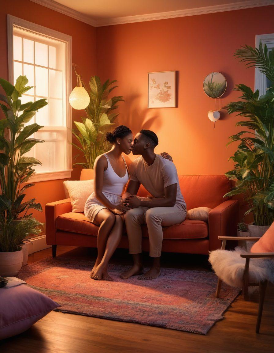 A warm and inviting scene depicting a diverse group of queer couples in intimate moments, showcasing various forms of love and connection. Include elements symbolizing sexual wellness, such as heart motifs and soft lighting. The background should suggest a peaceful sanctuary with plants and cozy furniture, creating a safe space for dialogue and understanding. vibrant colors. super-realistic.